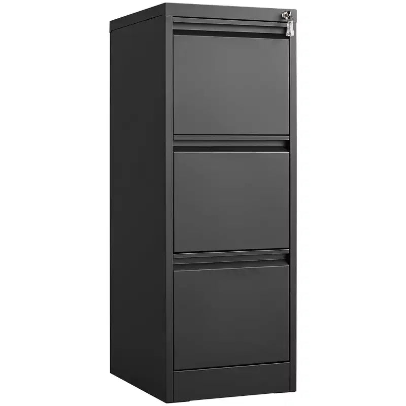 VIYET 41 Caisson de classement vertical à 3 tiroirs verrouillable, Armoire de rangement de bureau en métal noir (Anti-basculement pour dossiers format Lettre/A4/Légal)