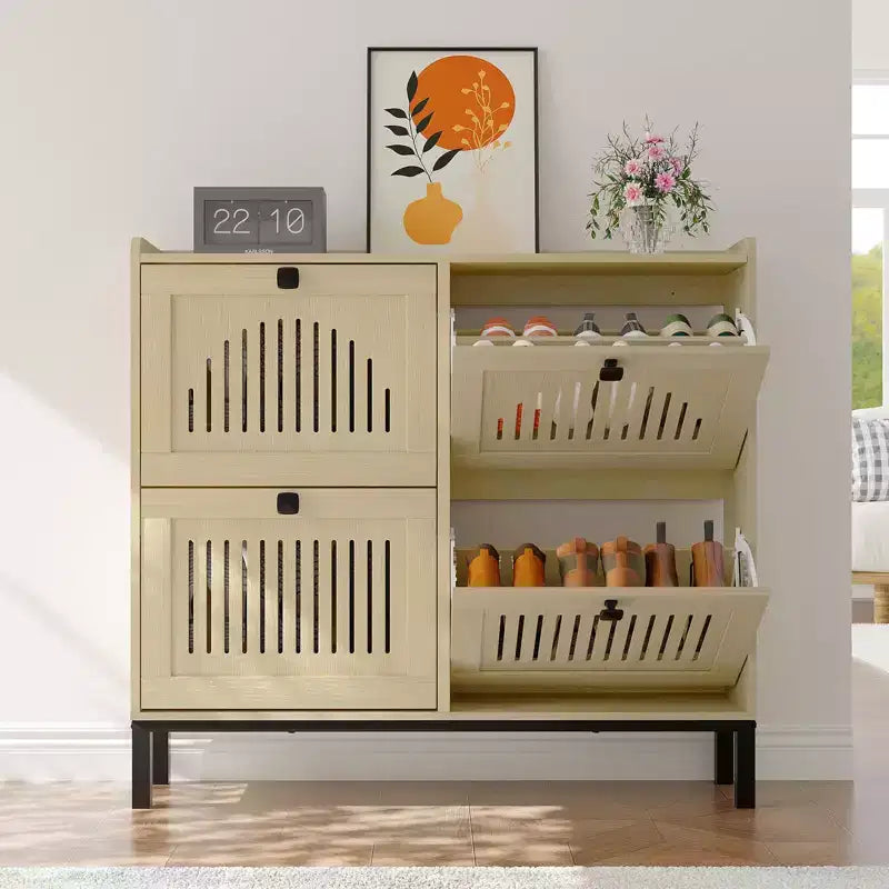 Meuble à chaussures avec 4 tiroirs basculants, Organisateur de chaussures dissimulé avec étagères réglables, Meuble à chaussures autoportant pour entrée, salon
