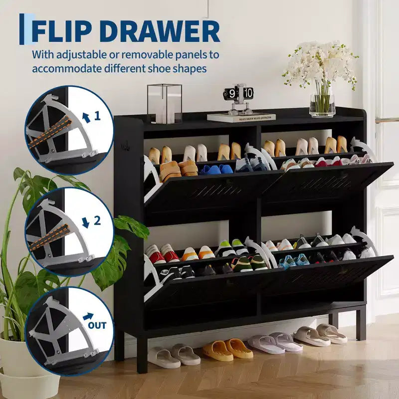 Meuble à chaussures avec 4 tiroirs basculants, Organisateur de chaussures dissimulé avec étagères réglables, Meuble à chaussures autoportant pour entrée, salon