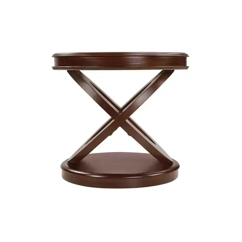 Table d'appoint ronde rétro en bois VIYET 20 - Piètement en X, Placage en bois massif, Noyer