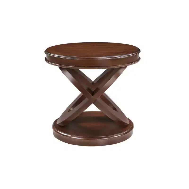 Table d'appoint ronde rétro en bois VIYET 20 - Piètement en X, Placage en bois massif, Noyer