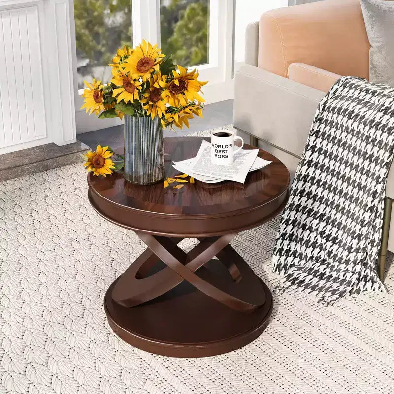 Table d'appoint ronde rétro en bois VIYET 20 - Piètement en X, Placage en bois massif, Noyer