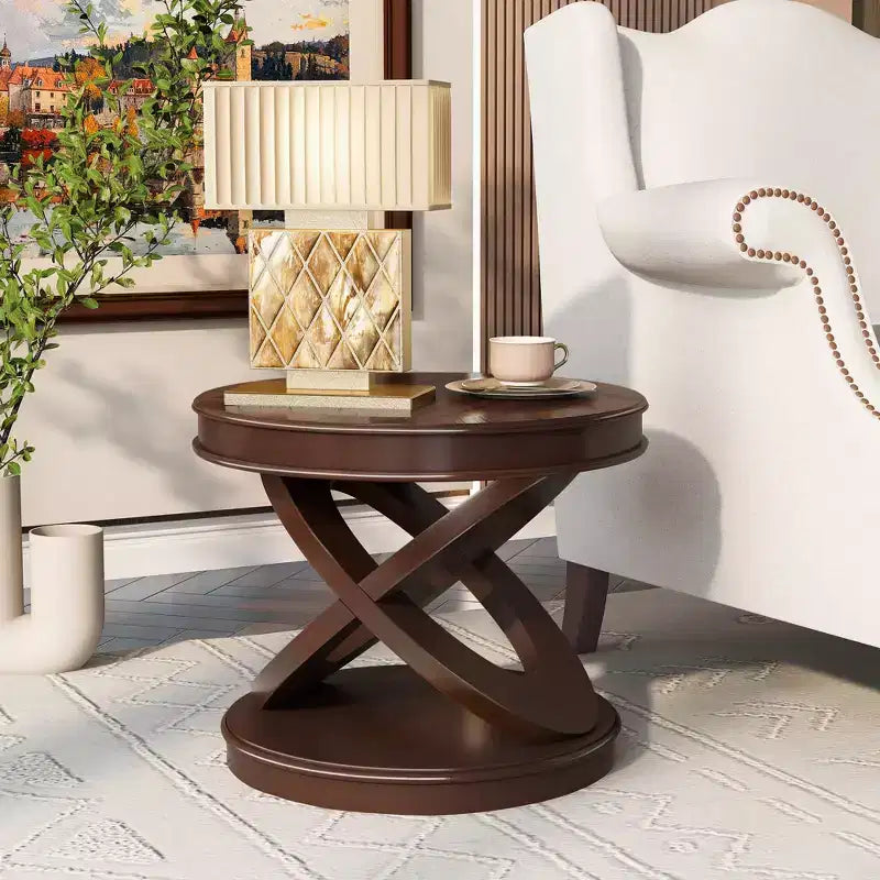Table d'appoint ronde rétro en bois VIYET 20 - Piètement en X, Placage en bois massif, Noyer