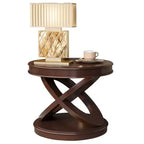 Table d'appoint ronde rétro en bois VIYET 20 - Piètement en X, Placage en bois massif, Noyer