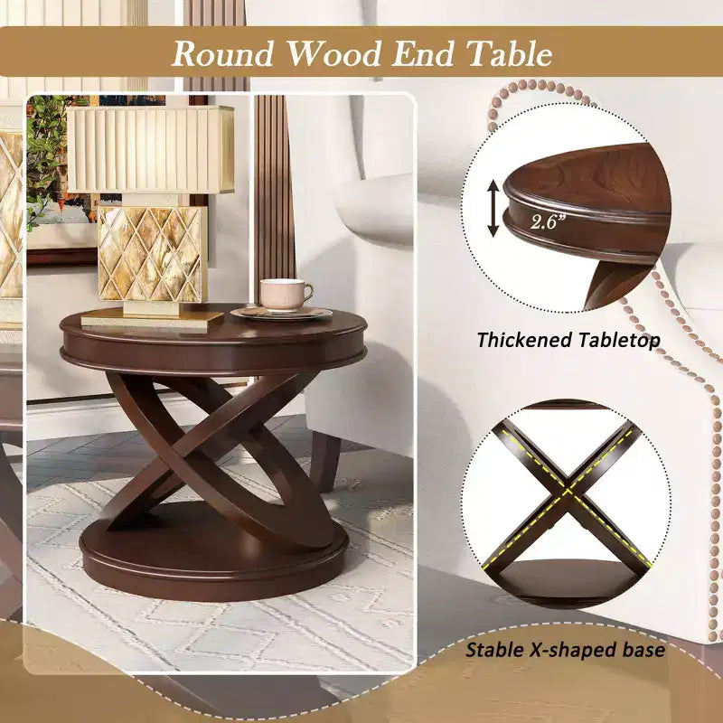 Table d'appoint ronde rétro en bois VIYET 20 - Piètement en X, Placage en bois massif, Noyer