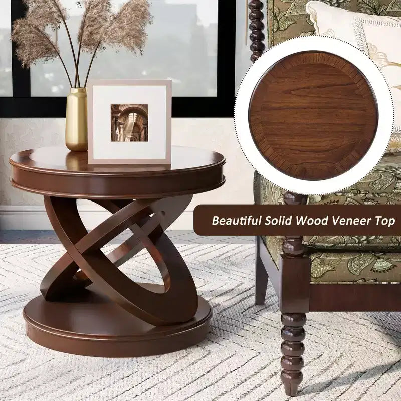 Table d'appoint ronde rétro en bois VIYET 20 - Piètement en X, Placage en bois massif, Noyer