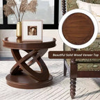 Table d'appoint ronde rétro en bois VIYET 20 - Piètement en X, Placage en bois massif, Noyer