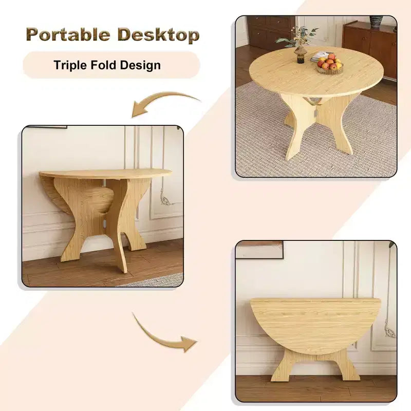 Table de salle à manger ronde pliable MAYEERTY, table de cuisine en MDF peu encombrante avec placage chêne sauvage, table polyvalente intérieure-extérieure