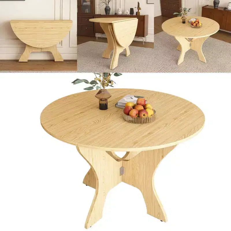 Table de salle à manger ronde pliable MAYEERTY, table de cuisine en MDF peu encombrante avec placage chêne sauvage, table polyvalente intérieure-extérieure