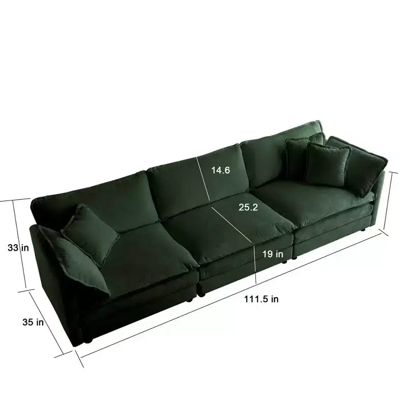 MAYEERTY Canapé de salon/chambre moderne du milieu du siècle à 3 places avec 2 accoudoirs et 3 coussins décoratifs, vert