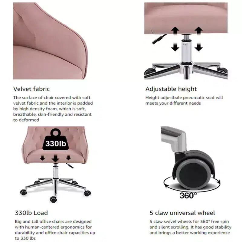 Chaise de bureau HOFFREE en velours avec pivot, hauteur réglable et roulettes fluides - Élégante et confortable pour le bureau à domicile, la coiffeuse et les dortoirs