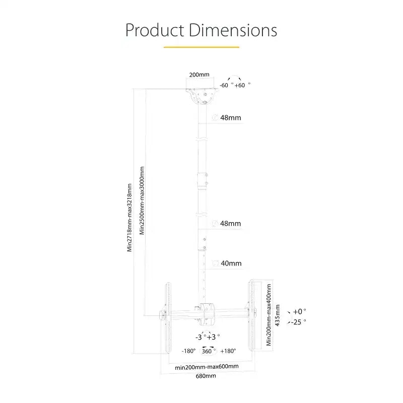 Support TV pour plafond haut StarTech, mât long de 2,5 m à 3 m – Noir