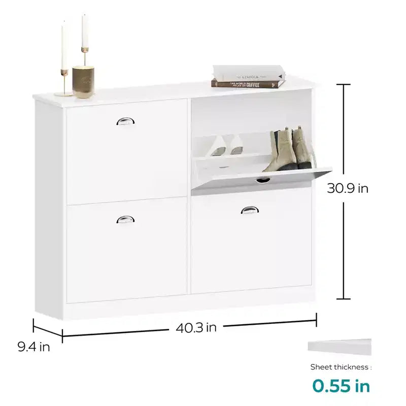JVNOXK Meuble à chaussures extra-plat dissimulé de 101,6 cm avec 4 tiroirs à abattant et mécanisme anti-basculement, adapté aux entrées et aux chambres, blanc
