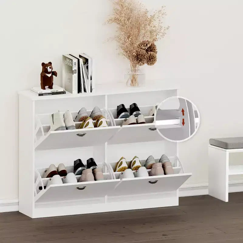 JVNOXK Meuble à chaussures extra-plat dissimulé de 101,6 cm avec 4 tiroirs à abattant et mécanisme anti-basculement, adapté aux entrées et aux chambres, blanc