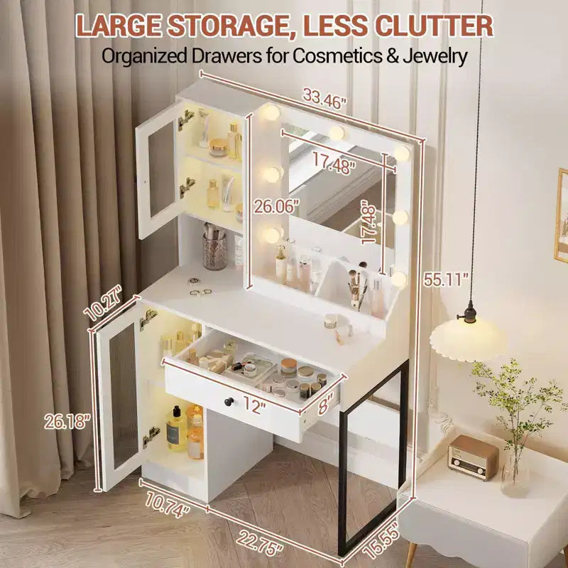 Coiffeuse avec prise électrique, coiffeuse moderne avec miroir et lumières, 2 compartiments ouverts