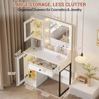 Coiffeuse avec prise électrique, coiffeuse moderne avec miroir et lumières, 2 compartiments ouverts