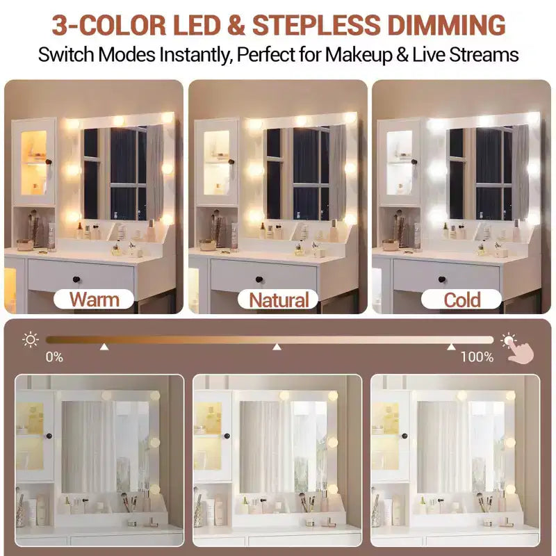 Coiffeuse avec prise électrique, coiffeuse moderne avec miroir et lumières, 2 compartiments ouverts