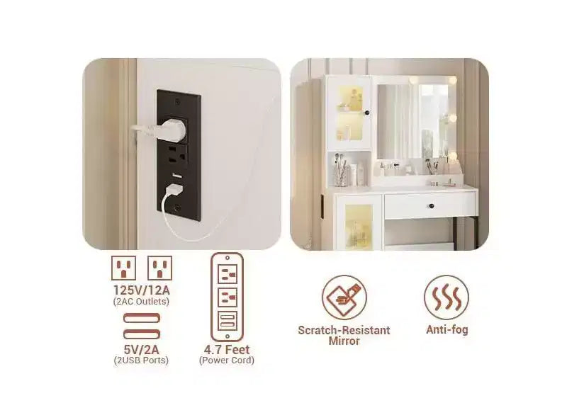 Coiffeuse avec prise électrique, coiffeuse moderne avec miroir et lumières, 2 compartiments ouverts