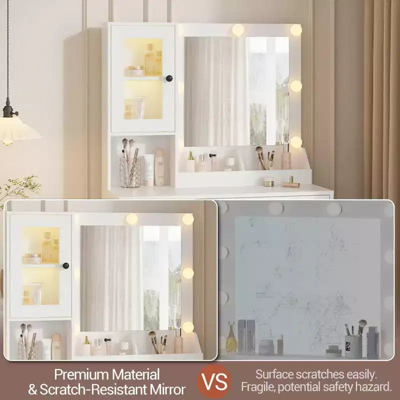 Coiffeuse avec prise électrique, coiffeuse moderne avec miroir et lumières, 2 compartiments ouverts