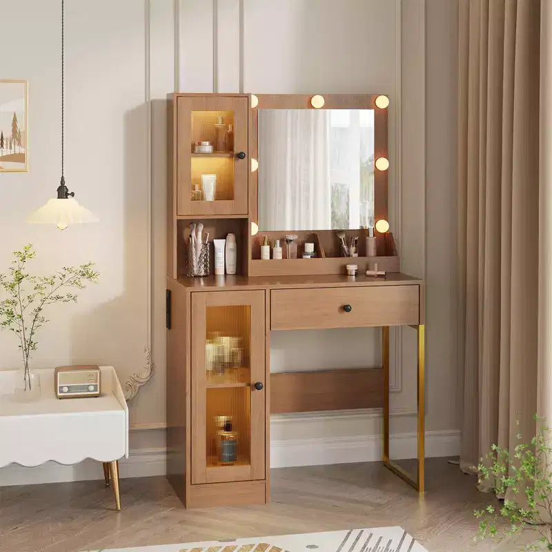 Coiffeuse avec prise électrique, coiffeuse moderne avec miroir et lumières, 2 compartiments ouverts
