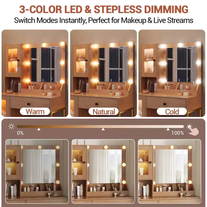 Coiffeuse avec prise électrique, coiffeuse moderne avec miroir et lumières, 2 compartiments ouverts