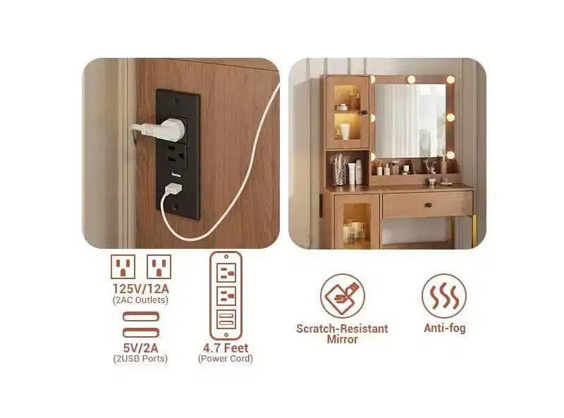 Coiffeuse avec prise électrique, coiffeuse moderne avec miroir et lumières, 2 compartiments ouverts