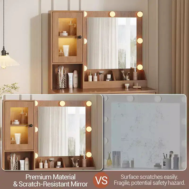 Coiffeuse avec prise électrique, coiffeuse moderne avec miroir et lumières, 2 compartiments ouverts