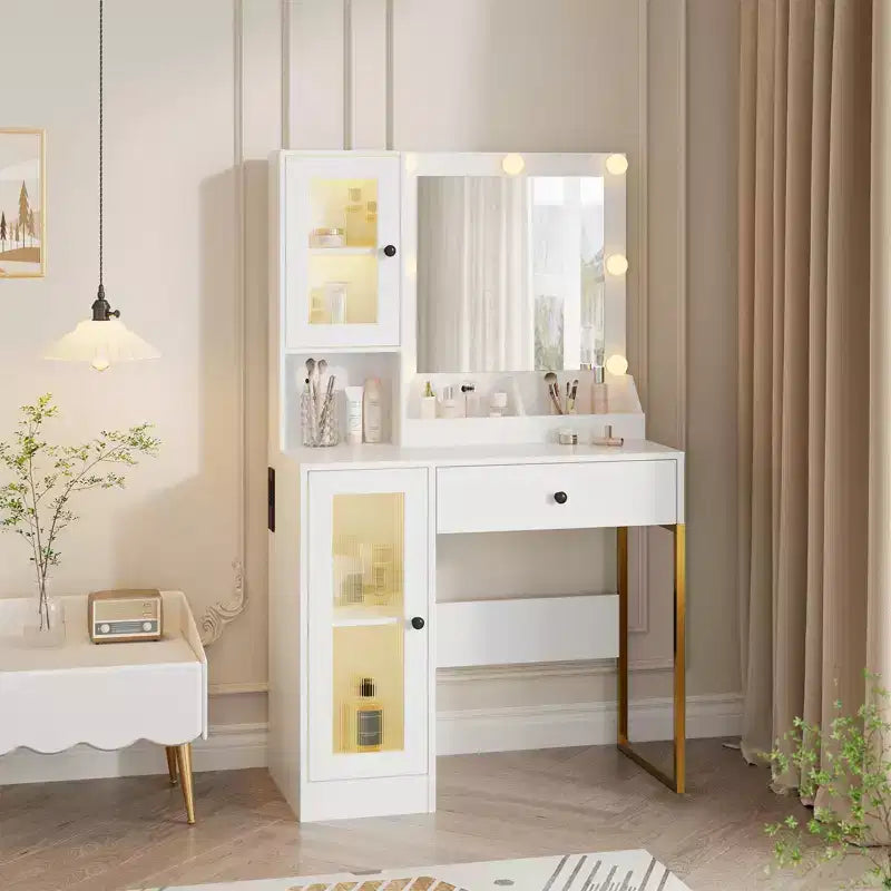 Coiffeuse avec prise électrique, coiffeuse moderne avec miroir et lumières, 2 compartiments ouverts