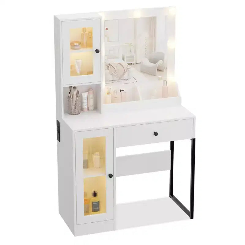 Coiffeuse avec prise électrique, coiffeuse moderne avec miroir et lumières, 2 compartiments ouverts