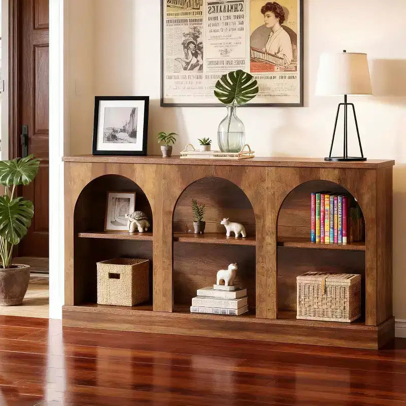 Console de table étroite Lantine de 63 pouces avec étagère de rangement à 3 niveaux, table console de canapé de ferme moderne pour couloir, salon, marron rustique