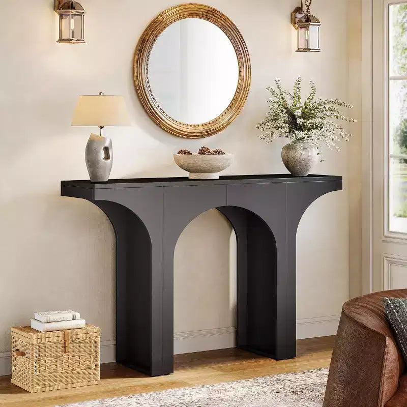 Console moderne Lantine de 47 pouces noire avec design arqué, idéale comme table d'appoint étroite pour canapé/entrée/foyer, pour couloir, salon