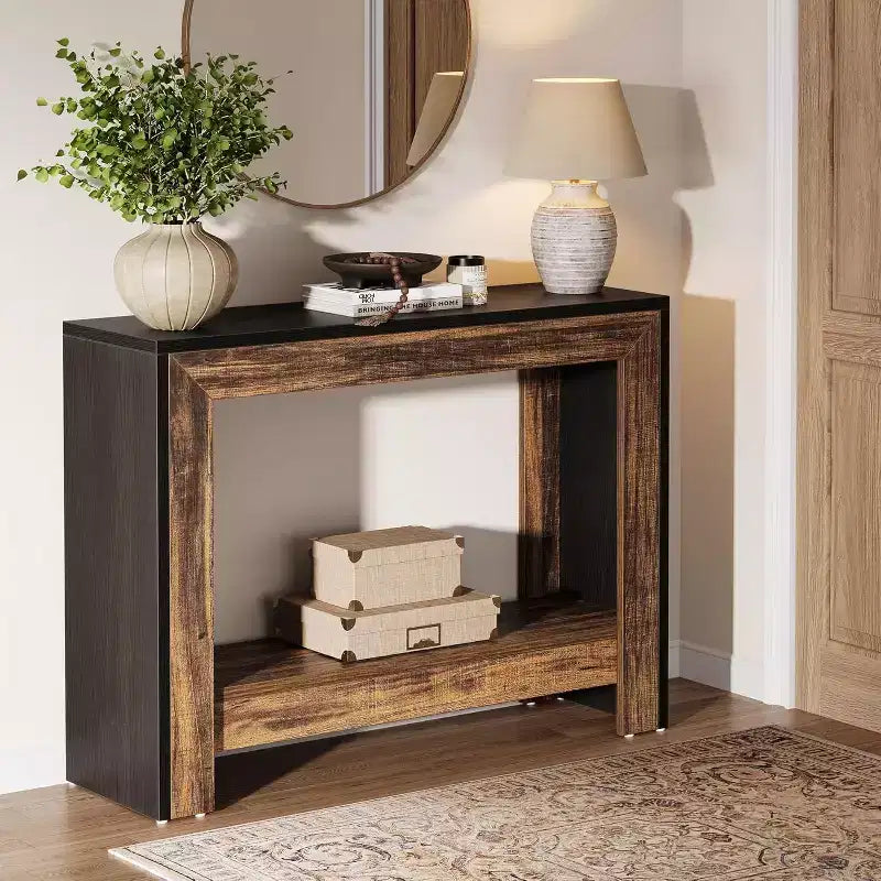 Table console de ferme Lantine de 105 cm, table d'appoint pour canapé avec rangement pour salon, couloir, hall d'entrée, noir + marron, montage facile