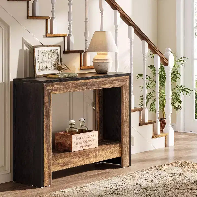 Table console de ferme Lantine de 105 cm, table d'appoint pour canapé avec rangement pour salon, couloir, hall d'entrée, noir + marron, montage facile
