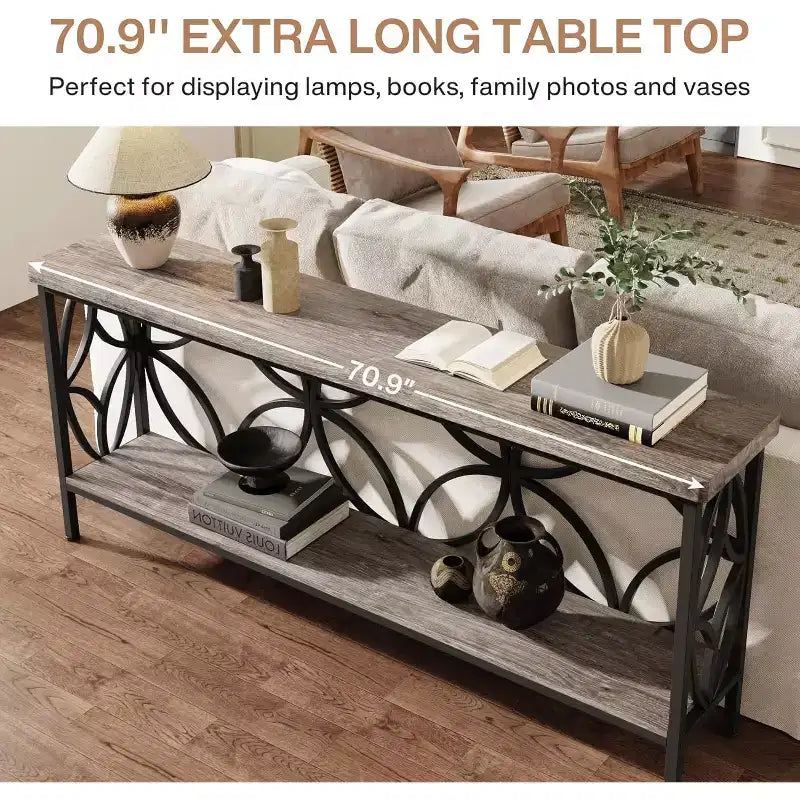 Console étroite industrielle Lantine de 70,9 pouces avec rangement, gris vintage, pour entrée, salon, foyer, design unique.