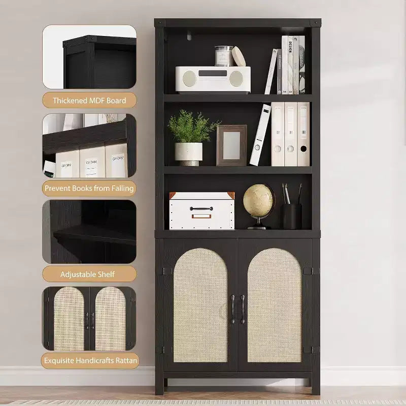 Meuble de rangement haut à 5 niveaux, Organisateur de bibliothèque pour le salon, le couloir et l'entrée, Noir