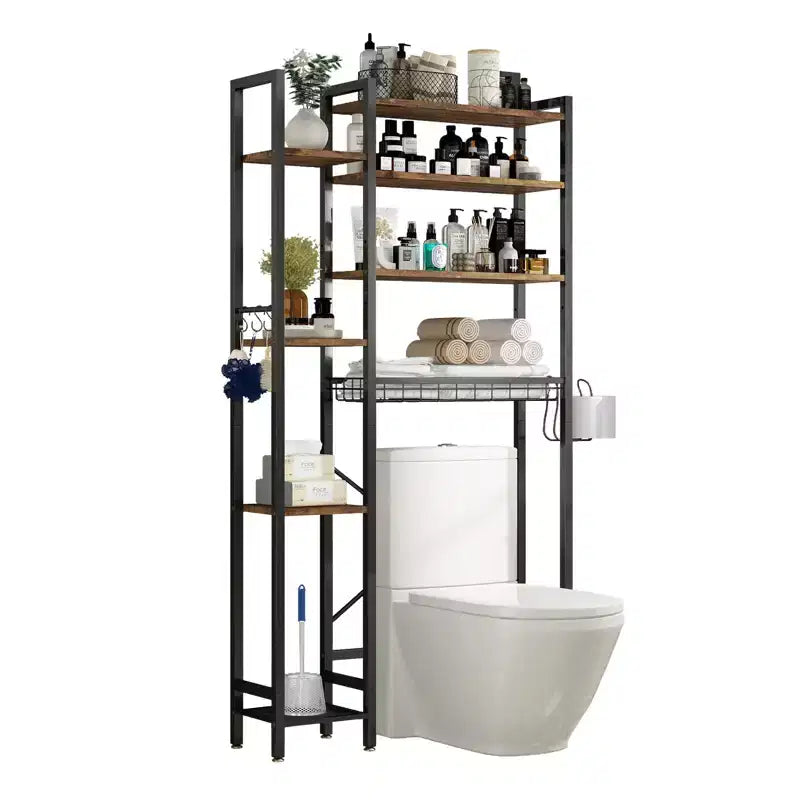 VIYET 38 Fit 8-Tier Over-the-Toilet Storage Rack with Side Racks & Drain Basket, Adjustable Shelf Freestanding Bathroom Organizer (Vintage Brown)
