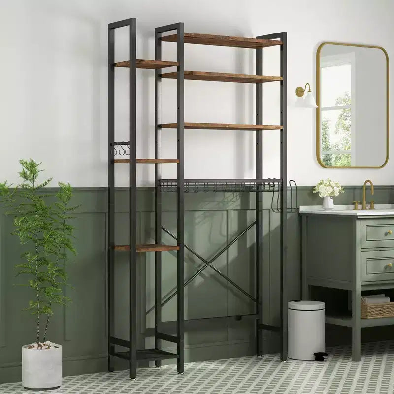 VIYET 38 Étagère de rangement 8 niveaux à poser au-dessus des toilettes avec paniers latéraux et panier de vidange, étagère réglable, organisateur de salle de bain autoportant (marron vintage)