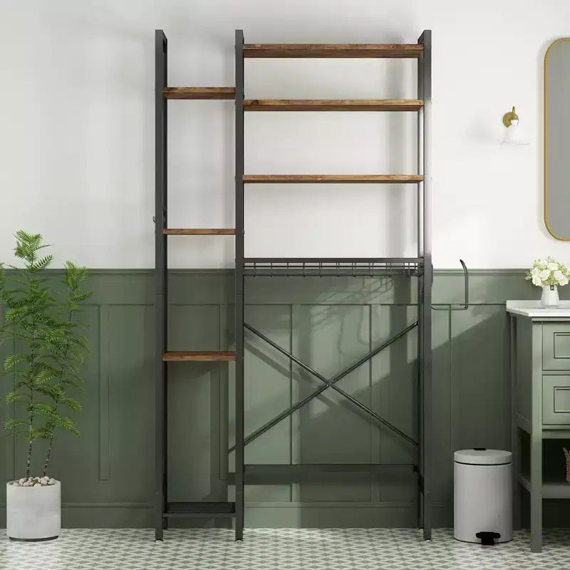 VIYET 38 Étagère de rangement 8 niveaux à poser au-dessus des toilettes avec paniers latéraux et panier de vidange, étagère réglable, organisateur de salle de bain autoportant (marron vintage)