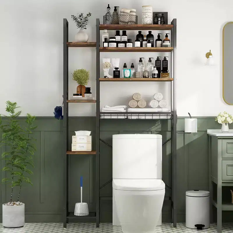 VIYET 38 Étagère de rangement 8 niveaux à poser au-dessus des toilettes avec paniers latéraux et panier de vidange, étagère réglable, organisateur de salle de bain autoportant (marron vintage)