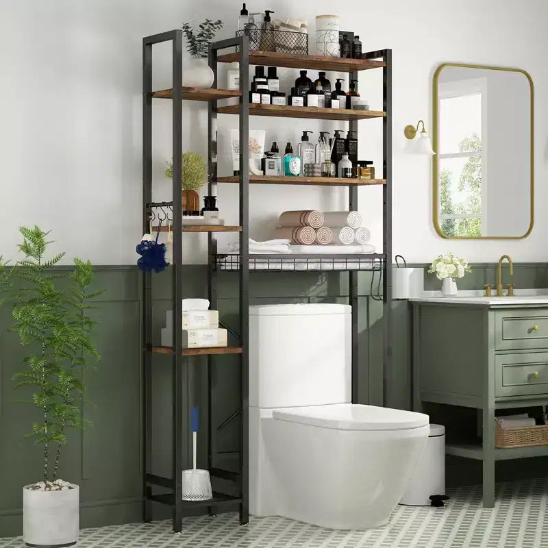VIYET 38 Étagère de rangement 8 niveaux à poser au-dessus des toilettes avec paniers latéraux et panier de vidange, étagère réglable, organisateur de salle de bain autoportant (marron vintage)