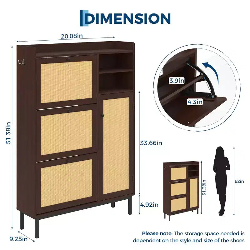 Meuble à chaussures avec 4 tiroirs basculants, meuble de rangement à chaussures dissimulé avec portes en rotin, meuble à chaussures autoportant pour salon, marron