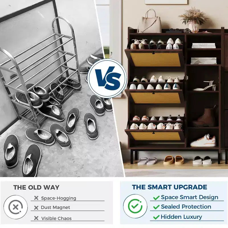 Meuble à chaussures avec 4 tiroirs basculants, meuble de rangement à chaussures dissimulé avec portes en rotin, meuble à chaussures autoportant pour salon, marron