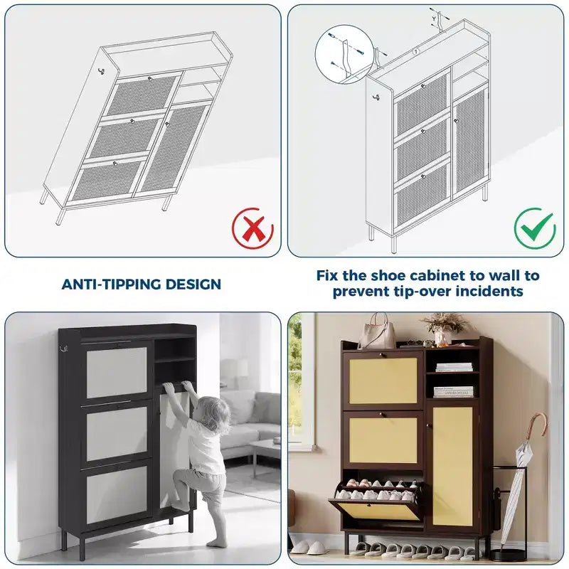 Meuble à chaussures avec 4 tiroirs basculants, meuble de rangement à chaussures dissimulé avec portes en rotin, meuble à chaussures autoportant pour salon, marron