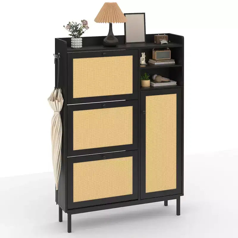 Meuble à chaussures avec 4 tiroirs basculants, meuble de rangement à chaussures dissimulé avec portes en rotin, meuble à chaussures autoportant pour salon, marron