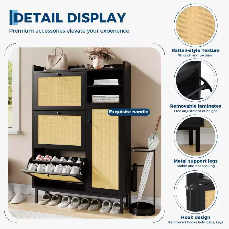 Meuble à chaussures avec 4 tiroirs basculants, meuble de rangement à chaussures dissimulé avec portes en rotin, meuble à chaussures autoportant pour salon, marron