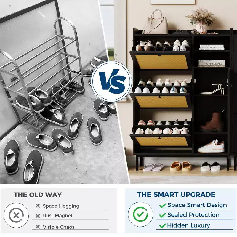 Meuble à chaussures avec 4 tiroirs basculants, meuble de rangement à chaussures dissimulé avec portes en rotin, meuble à chaussures autoportant pour salon, marron