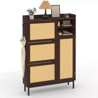 Meuble à chaussures avec 4 tiroirs basculants, meuble de rangement à chaussures dissimulé avec portes en rotin, meuble à chaussures autoportant pour salon, marron