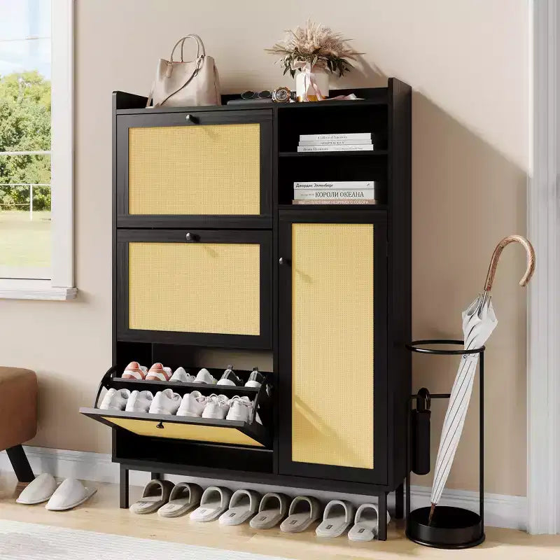 Shoe Storage Cabinet with 4 Flip Drawers, Hidden Shoe Storage Organizer with Rattan Doors, Freestanding Shoe Rack Cabinet For Living Room, Brown