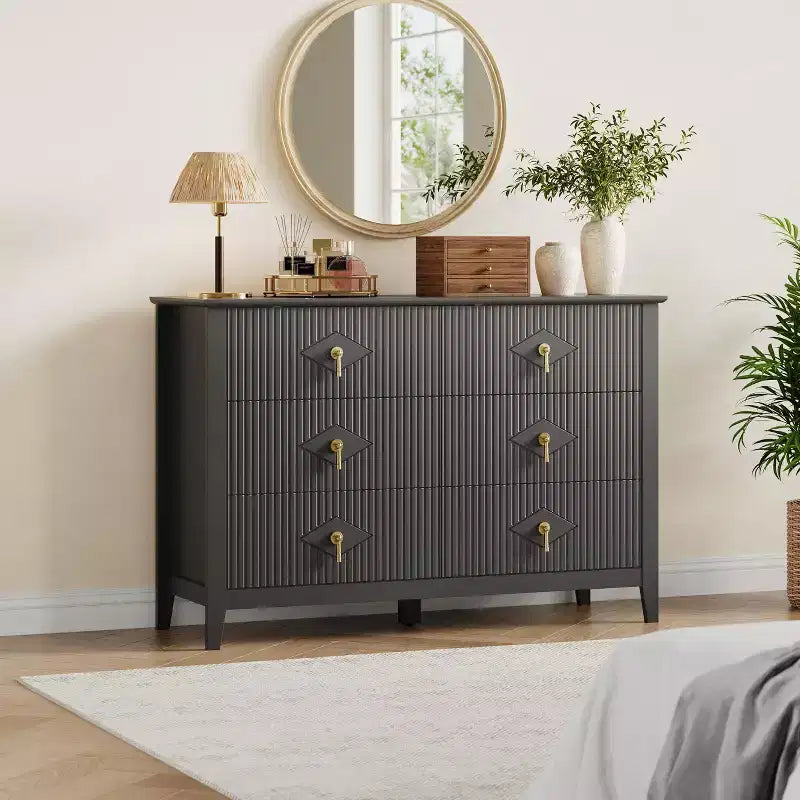 Commode de 54 po de large à 6 tiroirs, commode moderne avec poignées métalliques pour rangement de chambre, noire