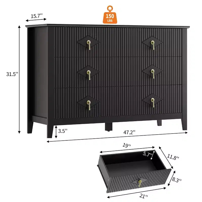 Commode de 54 po de large à 6 tiroirs, commode moderne avec poignées métalliques pour rangement de chambre, noire